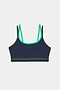 The SPLITS59 Eva Rigor Double Strap Bra in Indigo/Spearmint features double shoulder straps, green trim, and an elastic bottom band, shown on a white background.