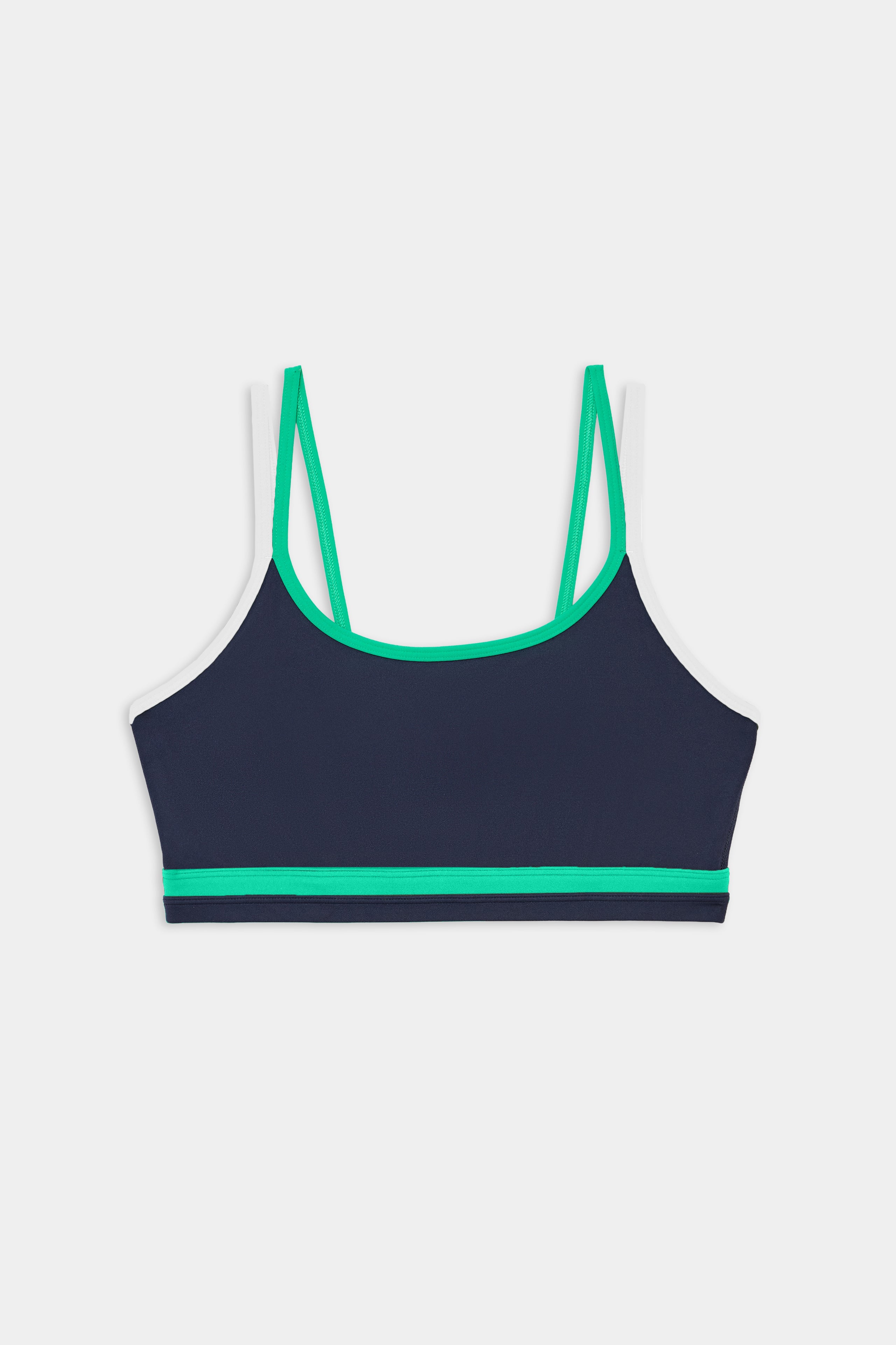 The SPLITS59 Eva Rigor Double Strap Bra in Indigo/Spearmint features thin shoulder straps and green trim, shown on a white background.