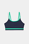 The SPLITS59 Eva Rigor Double Strap Bra in Indigo/Spearmint features thin shoulder straps and green trim, shown on a white background.