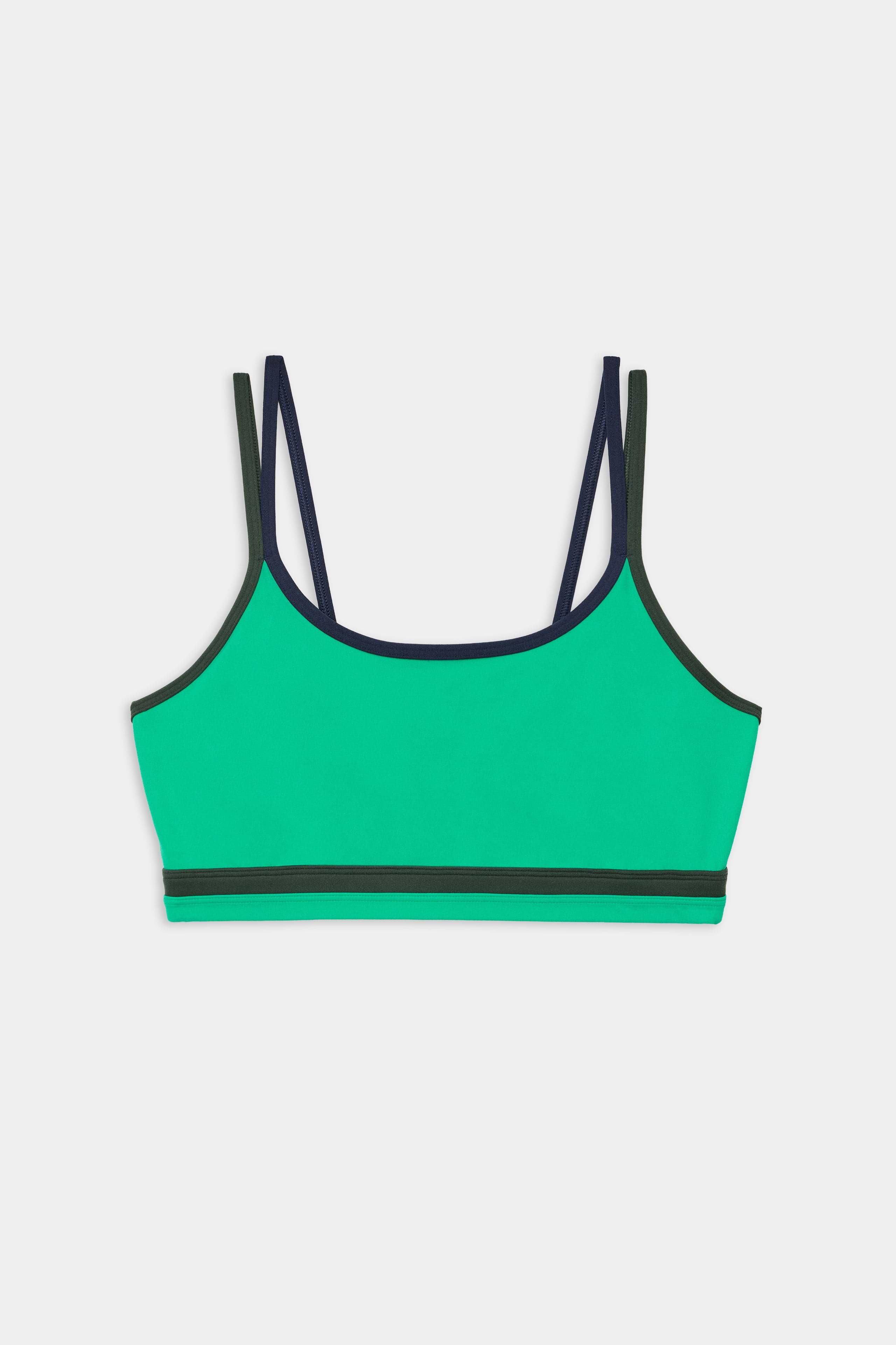 The SPLITS59 Eva Rigor Double Strap Bra in Spearmint/Indigo features thin indigo straps and indigo trim, showcased on a white background.