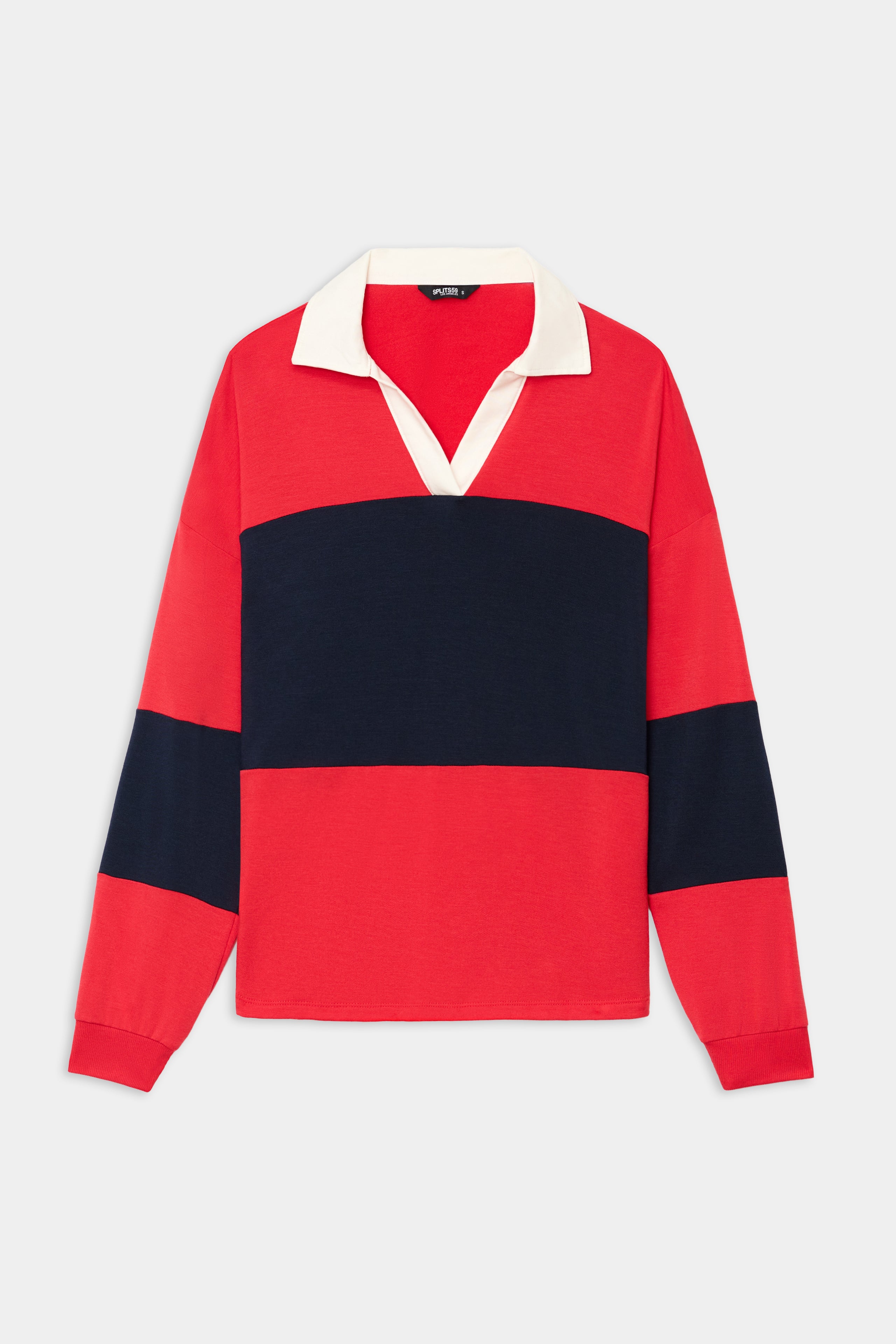 The SPLITS59 Katie Fleece Rugby in Pirate Red/Indigo features long sleeves, red and navy horizontal stripes, a white collar, and a V-neck opening, shown on a plain background.