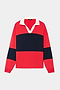 The SPLITS59 Katie Fleece Rugby in Pirate Red/Indigo features long sleeves, red and navy horizontal stripes, a white collar, and a V-neck opening, shown on a plain background.