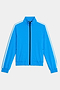 The SPLITS59 Fox Techflex Jacket is a blue zip-up track jacket with white stripes on the shoulders and sleeves, black zipper, and elastic cuffs and hem.