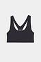 Flat view of dark grey sports bra with a thin white and black stripes down the side