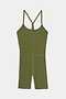 The SPLITS59 Airweight 6” Short Jumpsuit in Olive features a sleek sleeveless design with thin straps, a scoop neckline, and a body-hugging silhouette. Its Airweight fabric makes it perfect for hot yoga sessions.