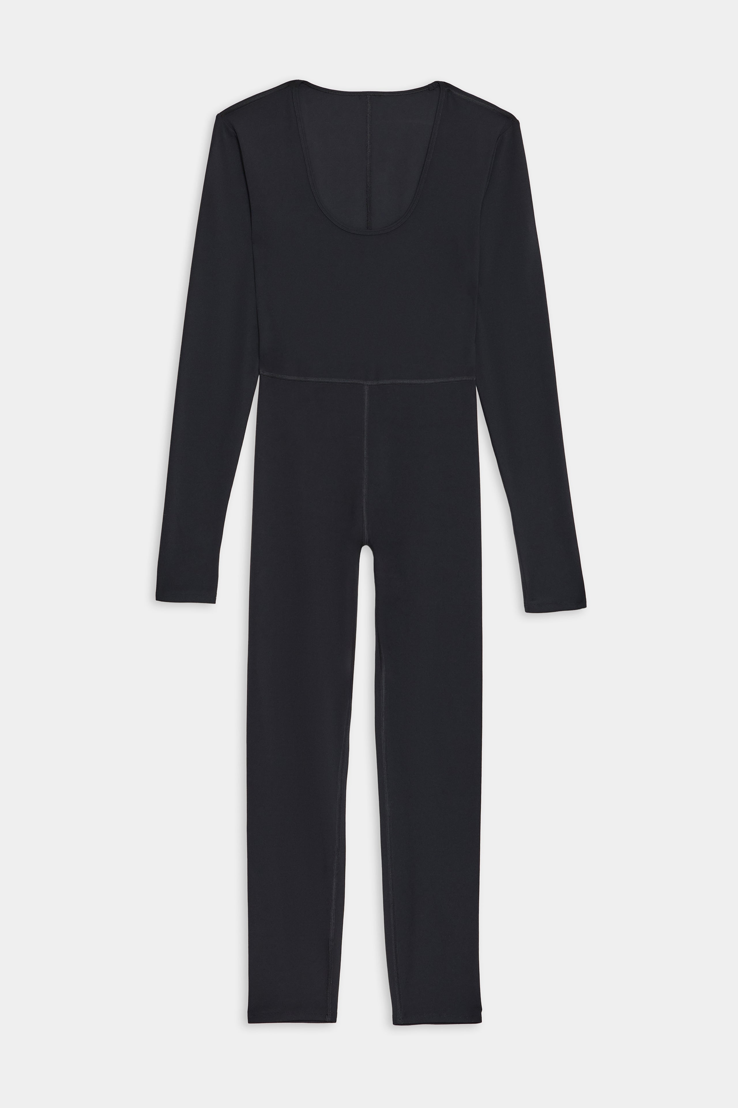 The SPLITS59 Chloe Airweight Jumpsuit in black features long sleeves, a full-length fit, and a scoop neckline. Made from lightweight Airweight fabric, it’s perfect for workouts and showcased on a plain white background.
