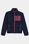 The SPLITS59 Harris Sherpa Jacket features navy blue fleece with a maroon zipper, trim, and chest pocket, shown against a plain white background.