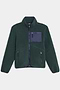The SPLITS59 Harris Sherpa Jacket features a forest green fleece, stand collar, blue zip closures, two front pockets, and a contrasting blue chest pocket.