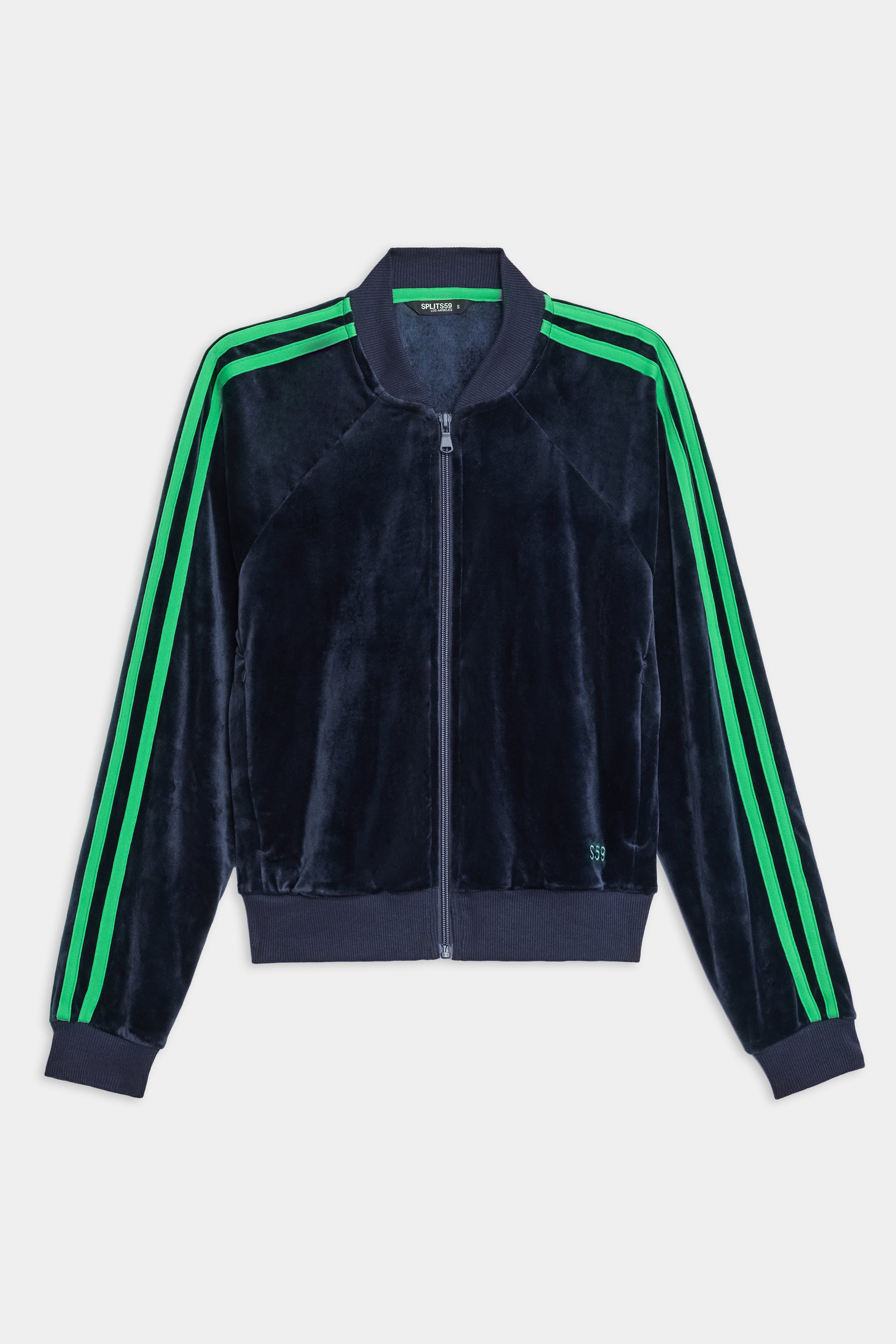 The SPLITS59 Heritage Velour Bomber in Indigo/Grass features green sleeve stripes, a ribbed collar, cuffs, and hem—a plush zip-up jacket ideal for workout layering—shown laid flat on a white background.