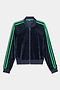 The SPLITS59 Heritage Velour Bomber in Indigo/Grass features green sleeve stripes, a ribbed collar, cuffs, and hem—a plush zip-up jacket ideal for workout layering—shown laid flat on a white background.