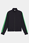 Introducing the Max Rigor Track Jacket in Black/Grass by SPLITS59, designed with a high collar and elastic cuffs. This workout essential features green stripes on the sleeves and is crafted from rigor fabric to elevate your performance.