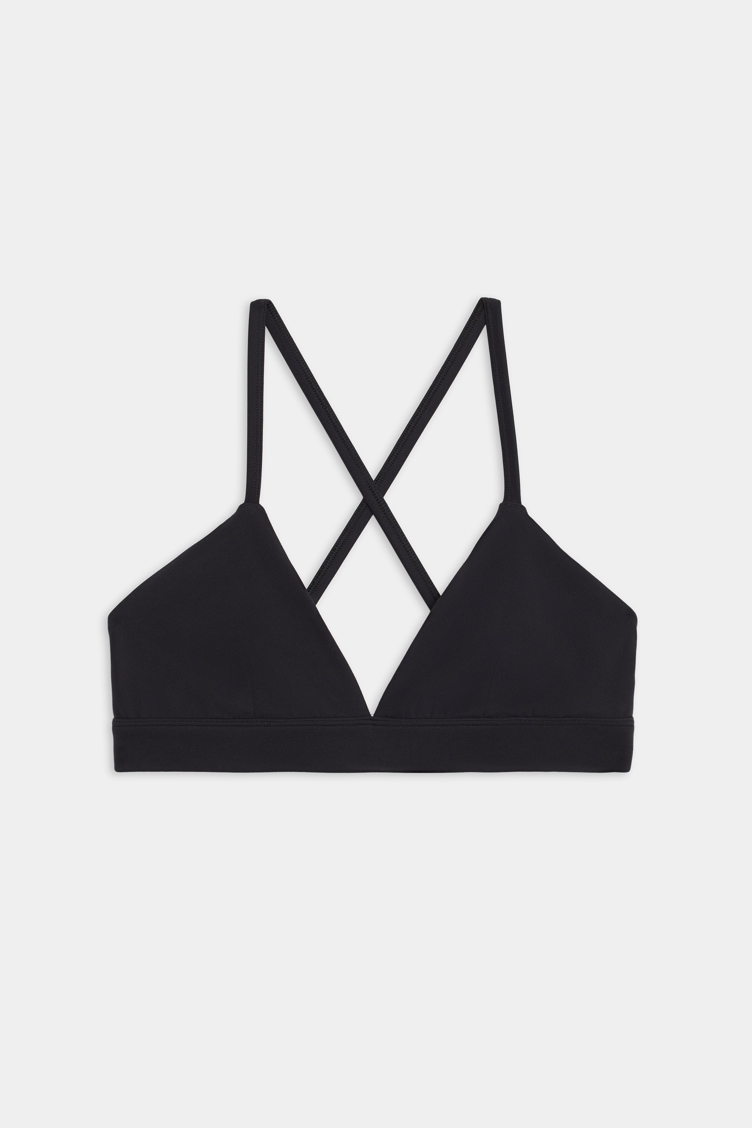 Introducing the Theo Rigor Bra from SPLITS59 in black, featuring thin straps and a crossed back design. Crafted from Rigor fabric for optimal support, this versatile piece lies flat on a white background, ready to enhance your multi-sport performance.