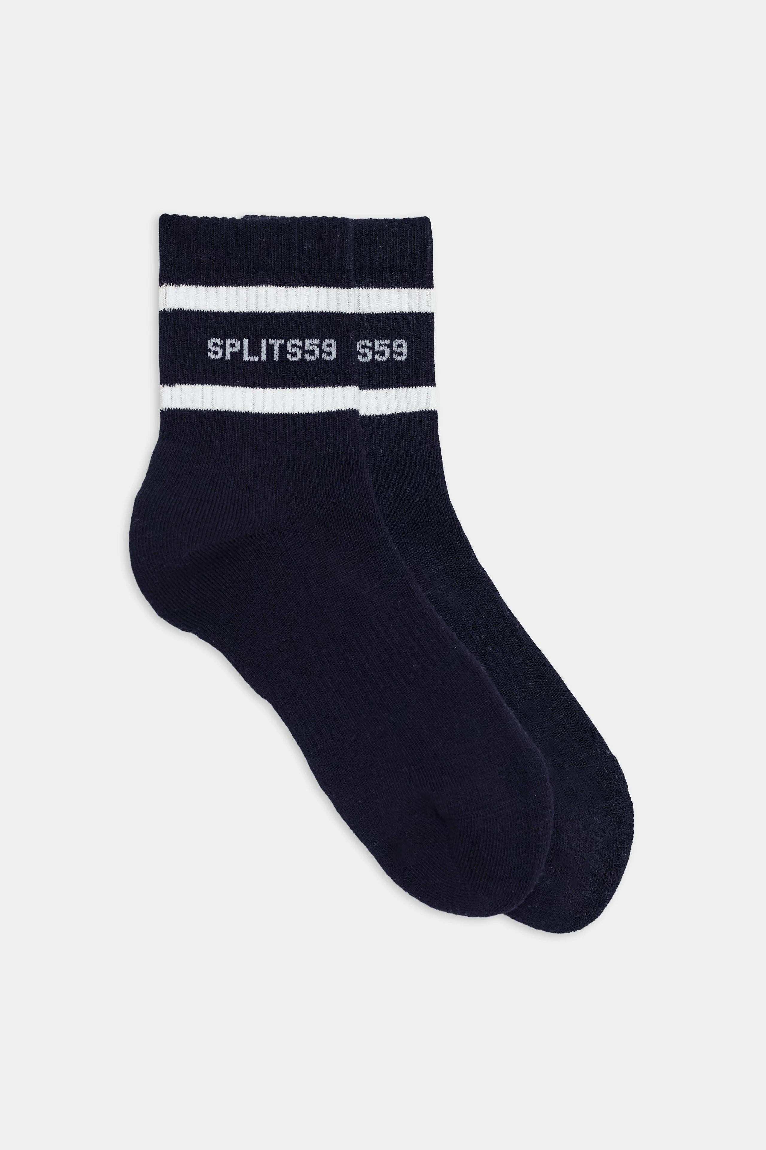 A pair of dark blue vintage sport athletic socks with white stripes and the text "SPLITS59" on the cuffs, displayed on a white background.
