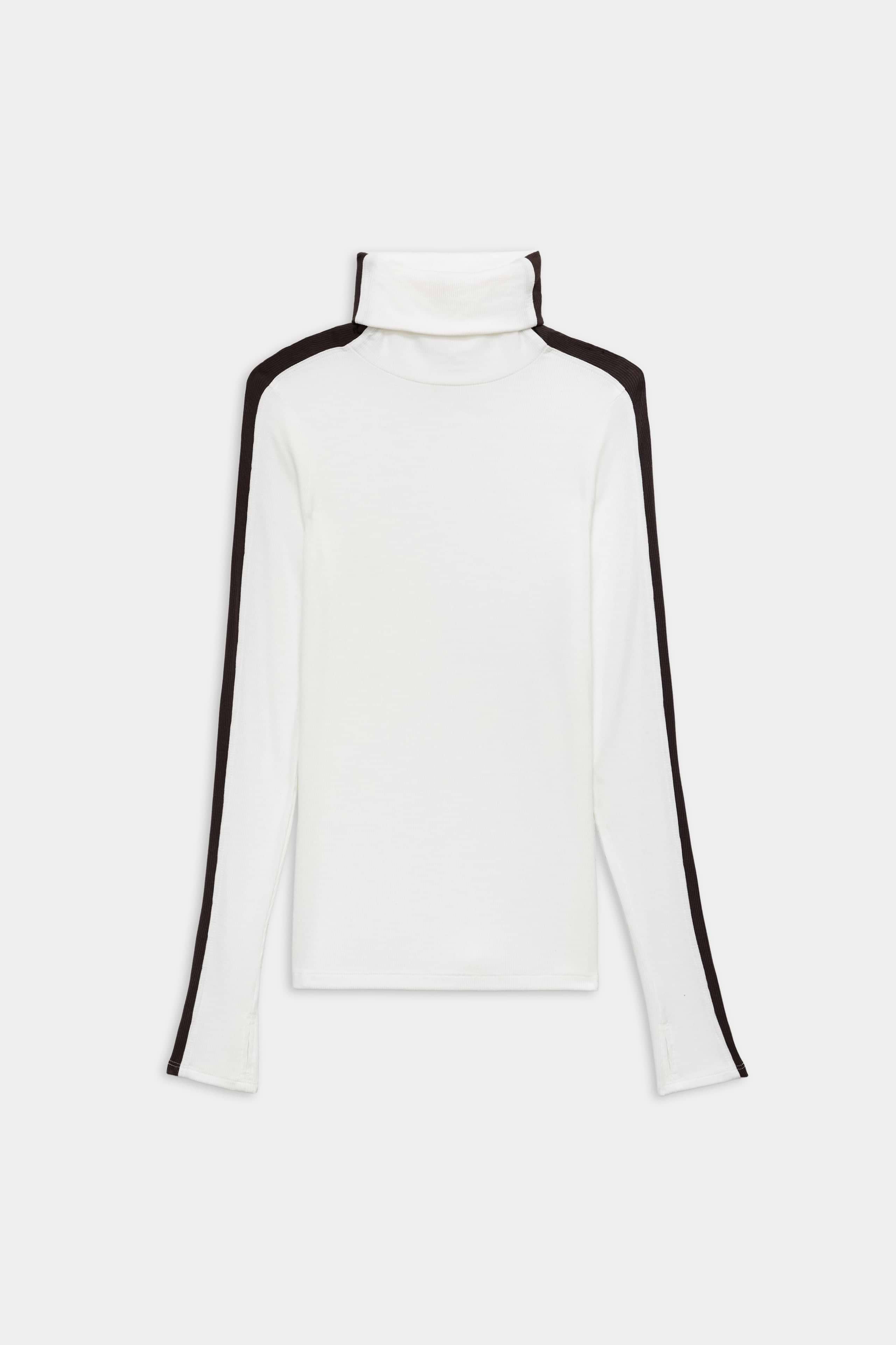 The SPLITS59 Jackson Rib Full Length Turtleneck in White/Dark Chocolate is a long-sleeve top with dark stripes on the shoulders and sleeves, ideal for running or yoga, shown laid flat on a white background.