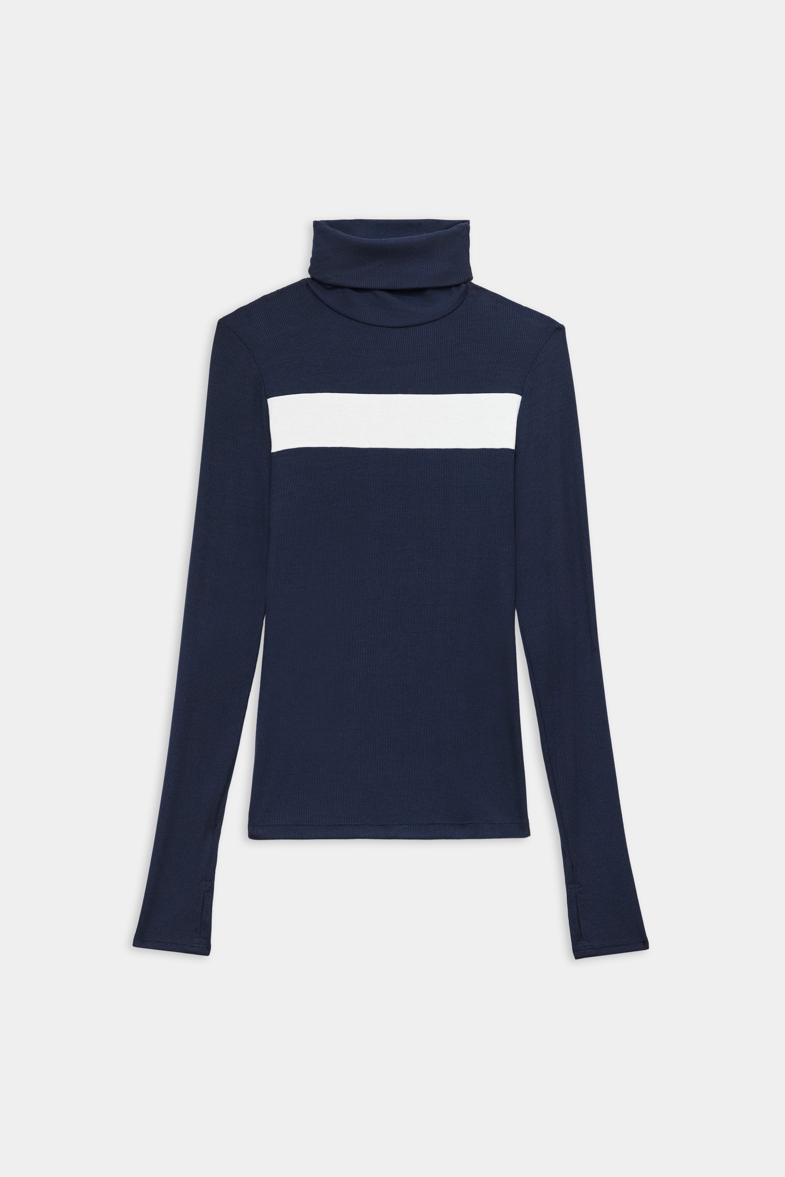 The SPLITS59 Lennon Rib Turtleneck in Indigo/White features a navy ribbed design with a white chest stripe, long sleeves, and is ideal for yoga or running. Shirt is shown laid flat on a white background.