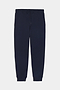 Flat view of dark blue sweatpants with black tie around waistband 