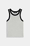Sleeveless light gray tank top with black trim around the neck and armholes, laid flat on a white background.