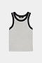 Sleeveless light gray tank top with black trim around the neck and armholes, laid flat on a white background.