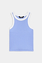 Sleeveless light blue tank top with white trim around the neck and armholes, displayed on a plain white background.