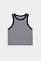 The SPLITS59 Kiki Rib Crop Tank in White/Indigo Stripe features a sleeveless crew neck design and soft baby rib fabric—ideal for gym sessions or casual wear. Laid flat on a plain white background.