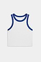 The SPLITS59 Kiki Rib Crop Tank in White/Cobalt is a sleeveless, white cropped top with cobalt ribbed trim at the neckline and armholes, made from soft baby rib fabric and shown flat on a white background.