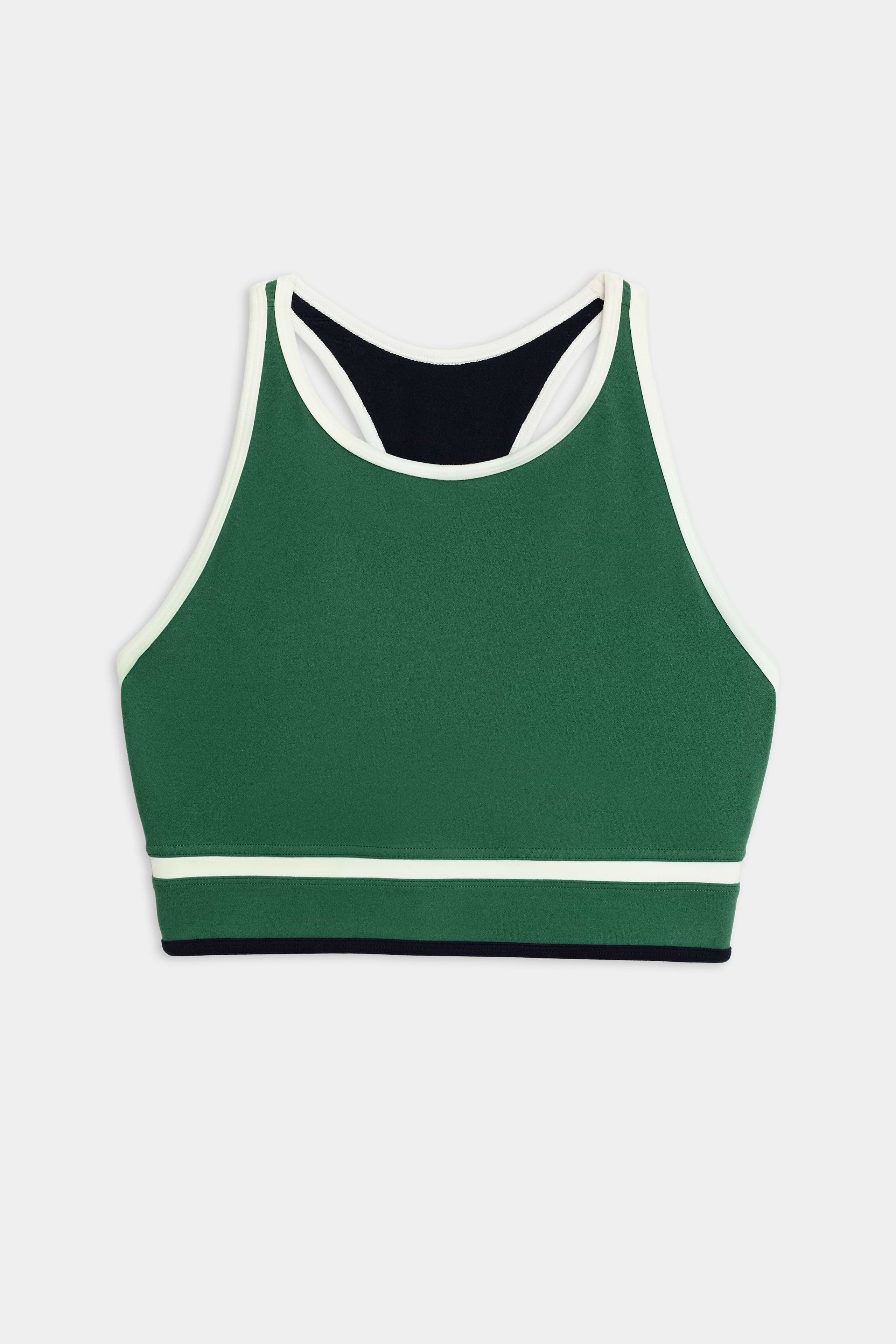 The Layla Airweight Bra in Arugula/Indigo by SPLITS59 is ideal for hot yoga, showcasing a white trim and comfortable racerback design against a plain white background.