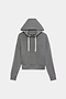 The SPLITS59 Joey Long Sleeve Hoodie in Medium Heather Grey features white drawstrings, a front kangaroo pocket, ribbed cuffs, and a cropped hem, all crafted from soft modal-blend fabric with spandex. Laid flat on a white background.