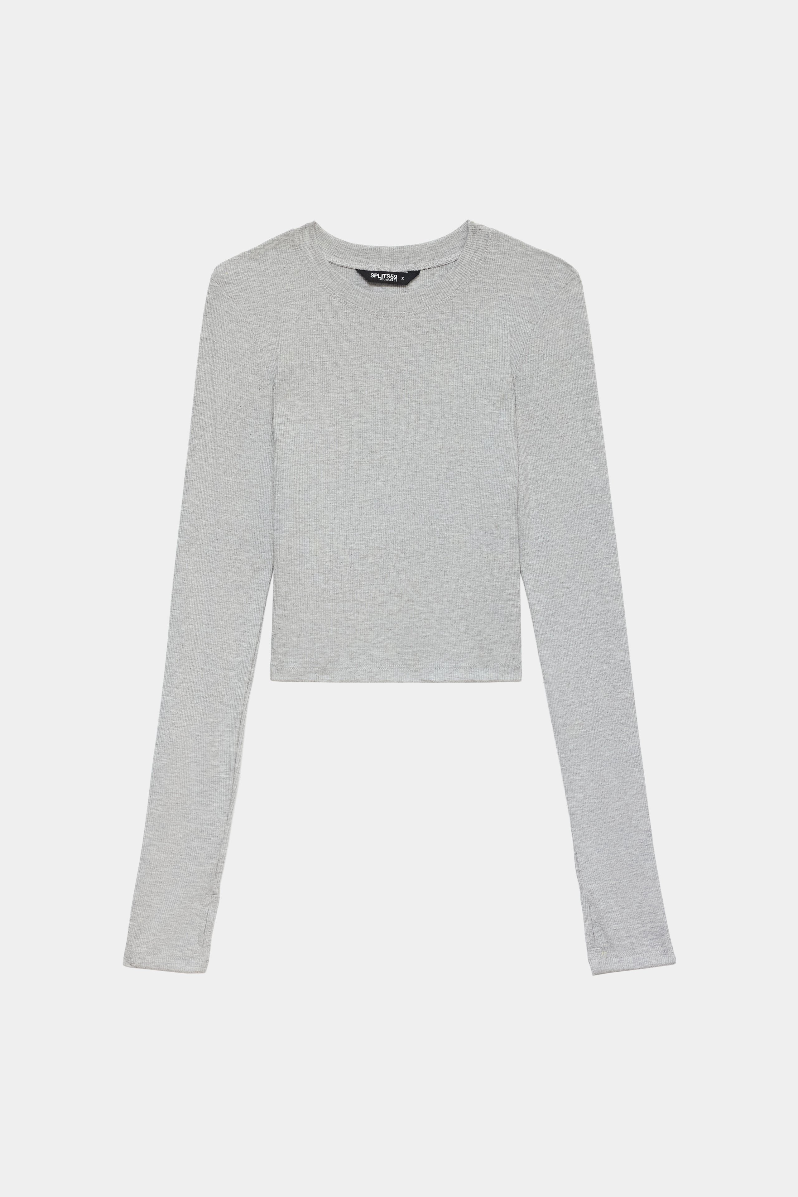 A plain light gray long-sleeve crop top is laid flat on a white background.
