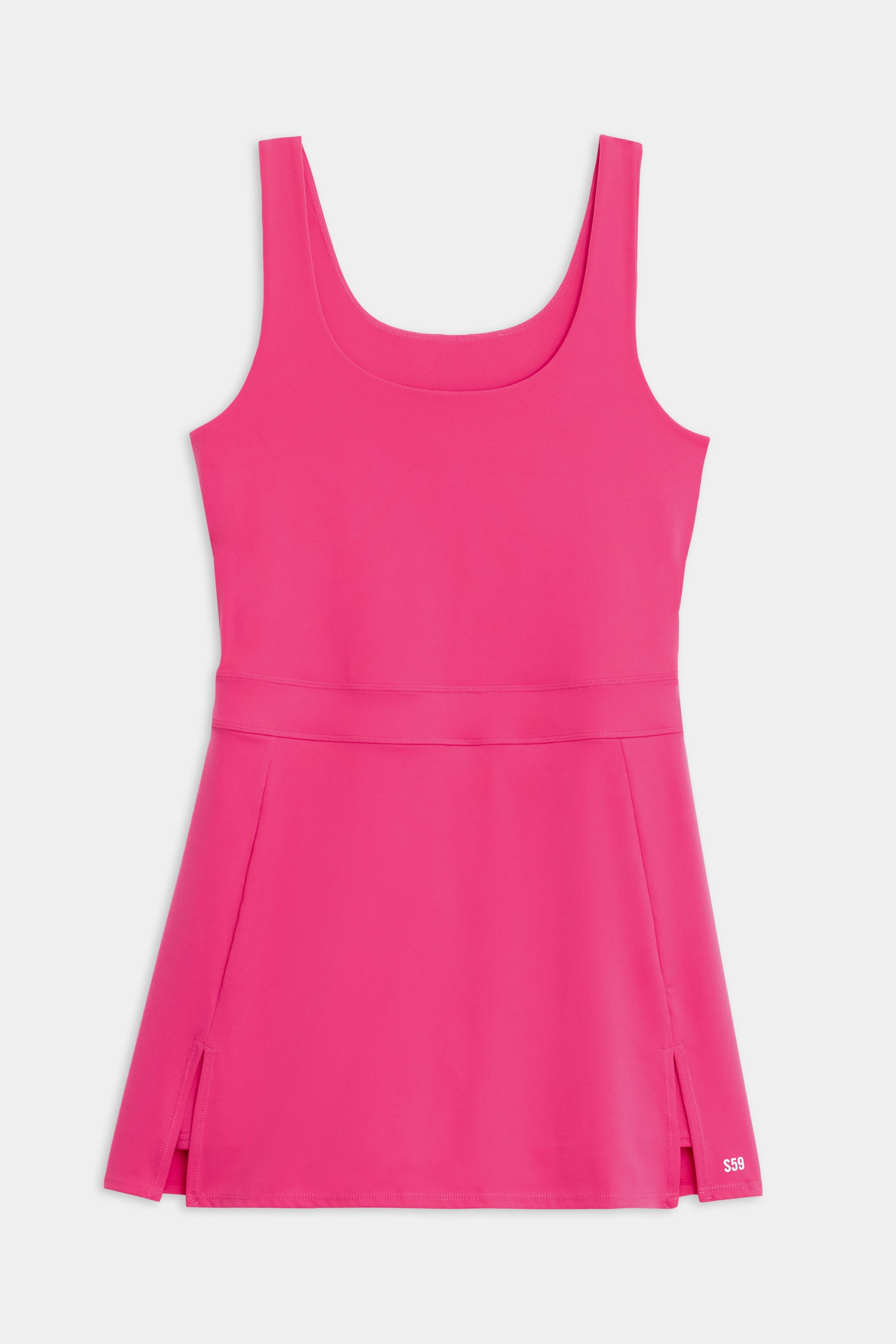 The SPLITS59 Martina Rigor Dress in Berry is a sleeveless athletic dress with a scoop neckline and side slits, crafted from Rigor fabric—ideal for court sports and high-impact workouts, shown laid flat on a white background.