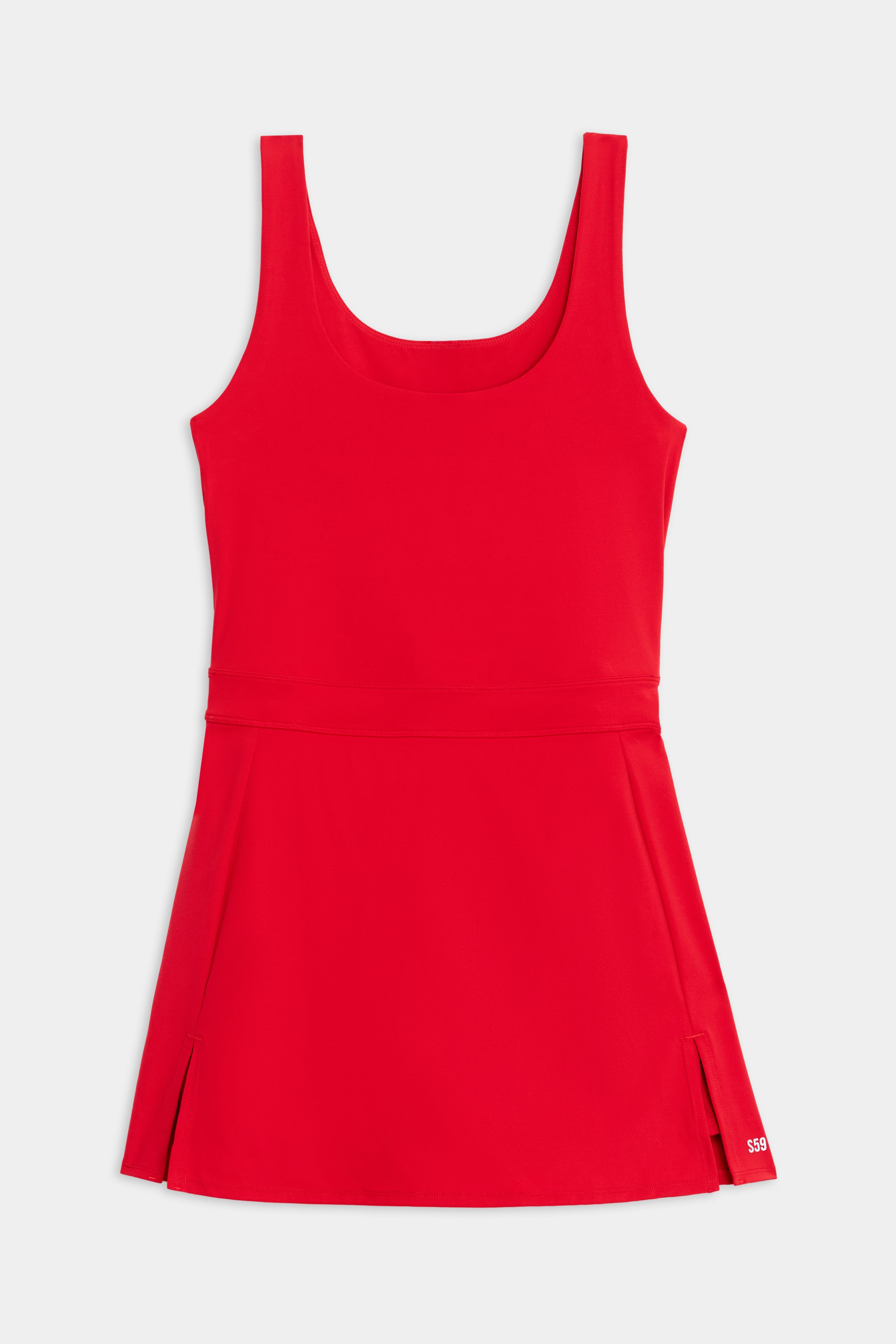 The SPLITS59 Martina Rigor Dress in Pirate Red is a sleeveless athletic dress made from soft spandex and nylon, featuring a scoop neckline and two small hem slits.