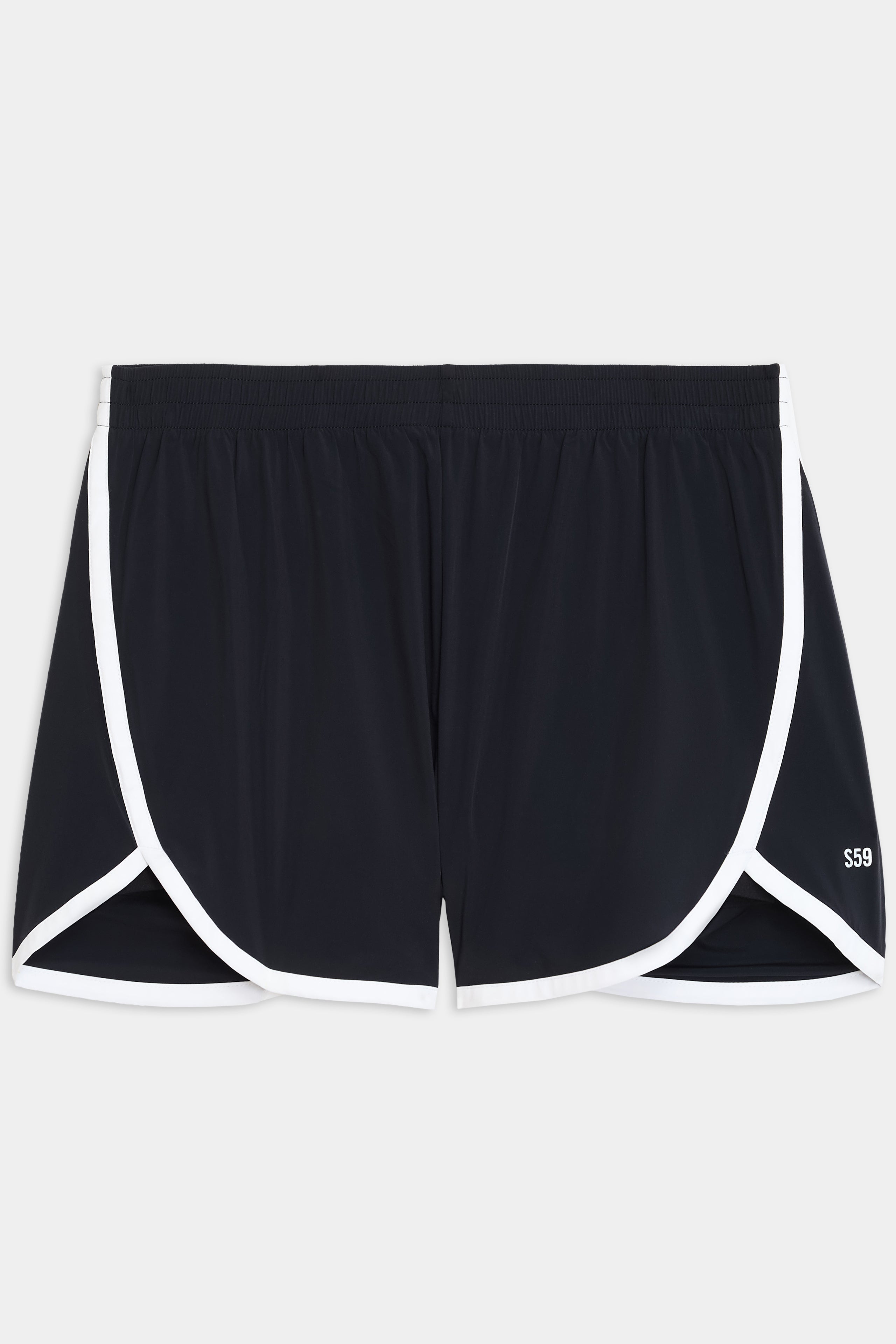 Megan Woven Nylon Run Short by SPLITS59, featuring black athletic fabric with white trim and a small "S59" logo on the lower right hem.