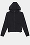 The Megan Woven Nylon Jacket by SPLITS59 is a black hooded jacket featuring a front zipper, two chest pockets, and adjustable hem drawstrings.