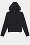 The Megan Woven Nylon Jacket by SPLITS59 is a black hooded jacket featuring a front zipper, two chest pockets, and adjustable hem drawstrings.