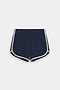 The SPLITS59 Megan Woven Nylon Run Short in Indigo/Creme features a curved hem, elastic waistband, and white trim. Made from a comfortable spandex-nylon blend, the shorts are displayed flat on a white background.