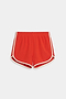 The SPLITS59 Megan Woven Nylon Run Short in Lotus Red/Creme features white piping and an elastic waistband, made from a nylon-spandex blend. Displayed against a plain white background.