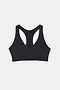 The SPLITS59 Mia Rigor Bra in black features a racerback, wide underband, and crossover front—ideal for gym workouts—shown laid flat on a white background.
