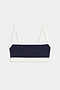 The SPLITS59 Monah Rigor Bra is a navy blue and white color block bralette with thin white straps, shown laid flat on a plain background.