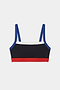 The SPLITS59 Monah Rigor Bra - Black/Cobalt features a color-blocked design with blue straps, a white upper band, black body, and red lower band—ideal for workouts. Shown on a white background.