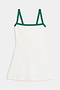 The Monah Rigor Dress by SPLITS59 in white/arugula showcases the iconic Monah silhouette with green shoulder straps and trim, set against a plain background.