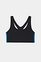 The SPLITS59 Ella Airweight Bra in Black/Classic Blue features a racerback design and blue side panels, made from stretchy nylon spandex, shown against a white background.