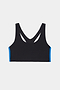 The SPLITS59 Ella Airweight Bra in Black/Classic Blue features a racerback design and blue side panels, made from stretchy nylon spandex, shown against a white background.