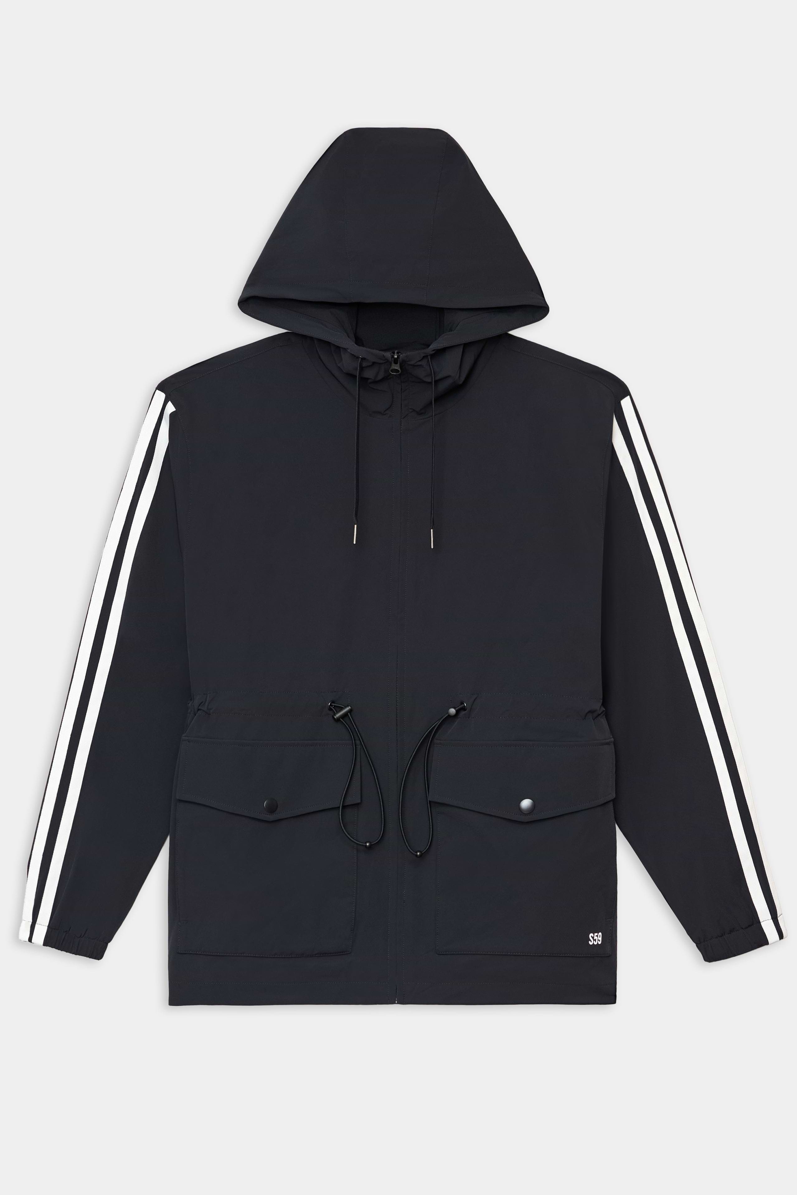 The SPLITS59 Reggie Water Repellent Jacket in Black/White features white sleeve stripes, front drawstrings, flap pockets, and a zip closure. Made from a nylon-spandex blend, it is shown laid flat on a white background.