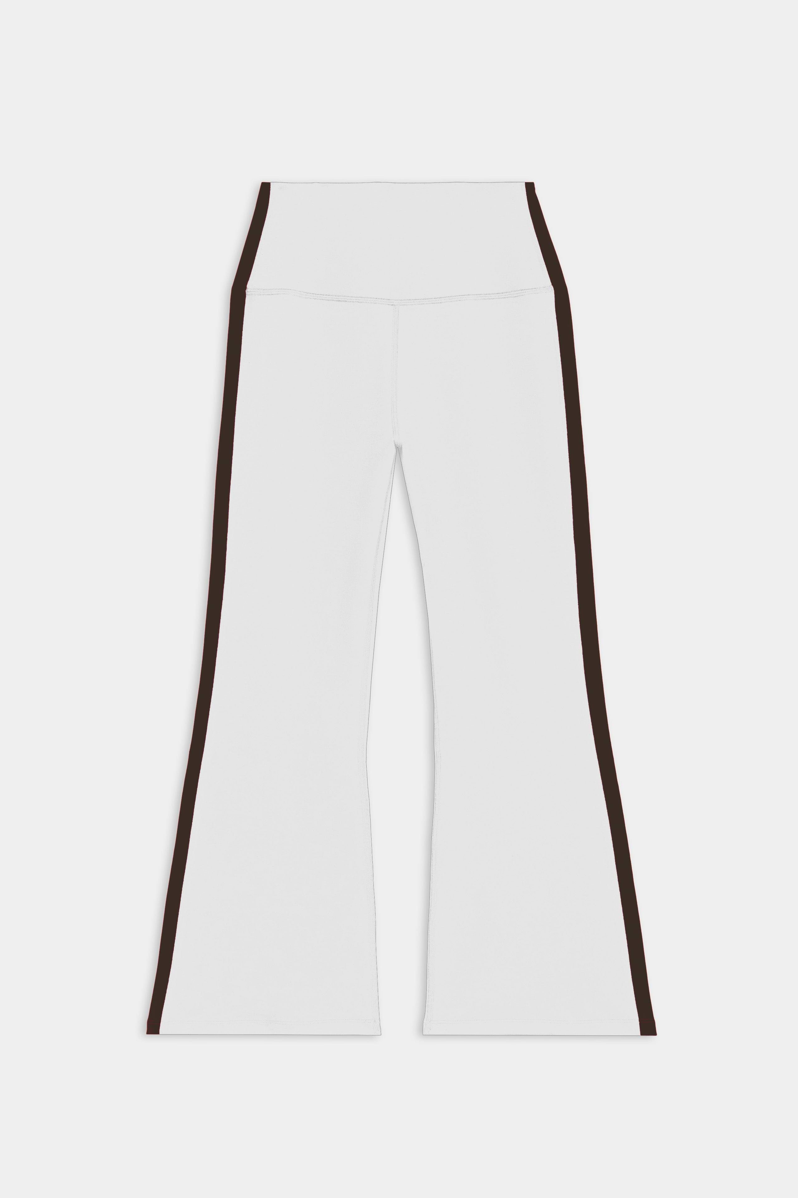 SPLITS59 Raquel High Waist Supplex Crop in White/Dark Chocolate: white, high-waisted, flared pants with dark chocolate side stripes, made from 4-way stretch supplex for yoga-like comfort. Displayed flat on a plain background.