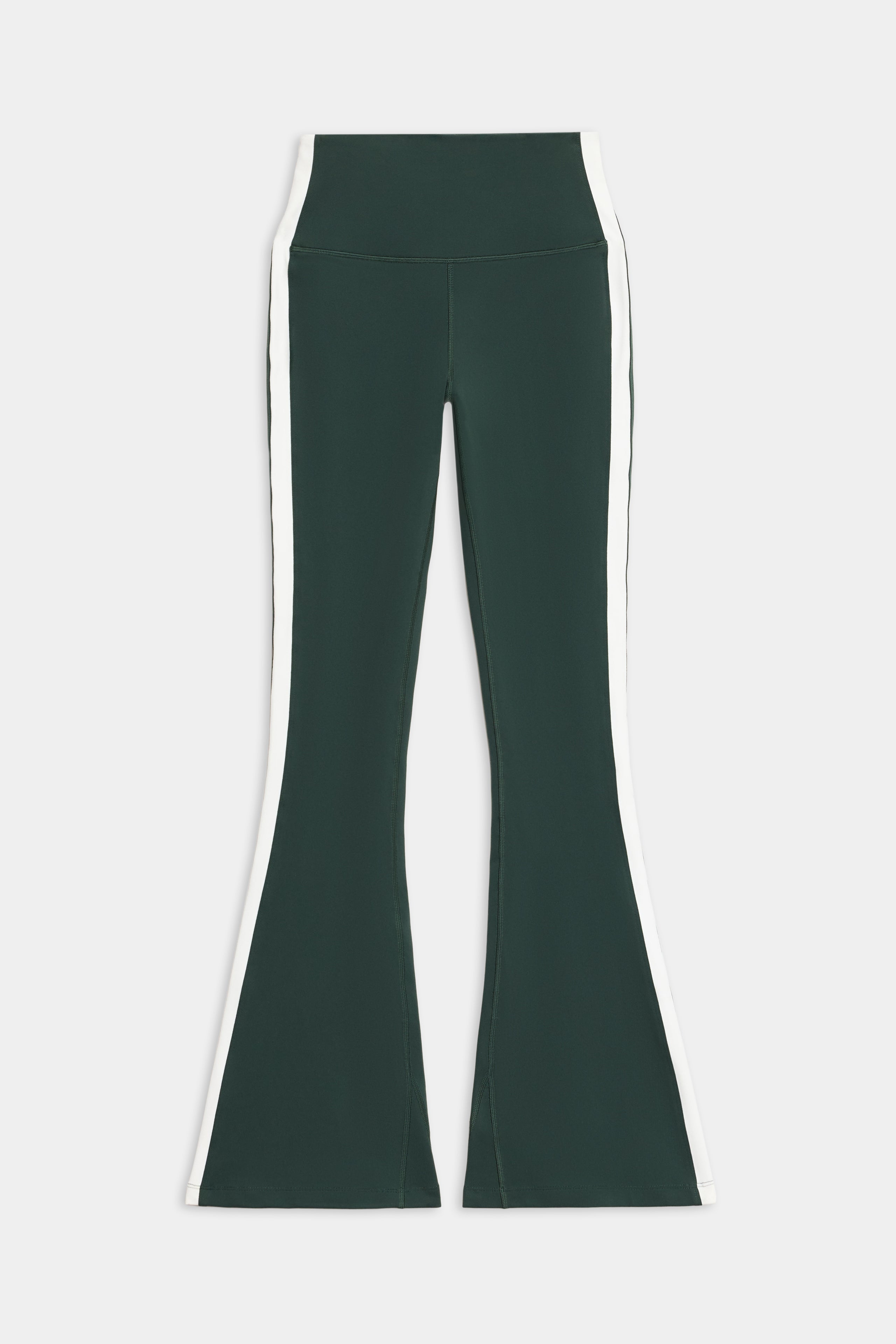 The Raquel High Waist Flared Legging by SPLITS59 features a dark green color with white vertical stripes along the outer sides, and is displayed against a plain white background.