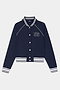 The SPLITS59 Hayes Varsity Rigor Jacket in indigo is crafted from a comfy nylon-spandex blend, featuring white striped cuffs, collar, and hem, a "59" chest patch, and white snap buttons down the front.