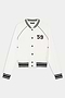 The SPLITS59 Hayes Varsity Rigor Jacket in white is crafted from a nylon-spandex blend, with black striped trim, black buttons, and a "59" detail on the left chest.