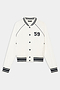 The SPLITS59 Hayes Varsity Rigor Jacket in white is crafted from a nylon-spandex blend, with black striped trim, black buttons, and a "59" detail on the left chest.