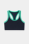 The SPLITS59 Robbie Airweight Bra in Indigo/Spearmint features green and white trim, a racerback design, and is crafted from a spandex-nylon blend. Shown laid flat on a white background, back view.