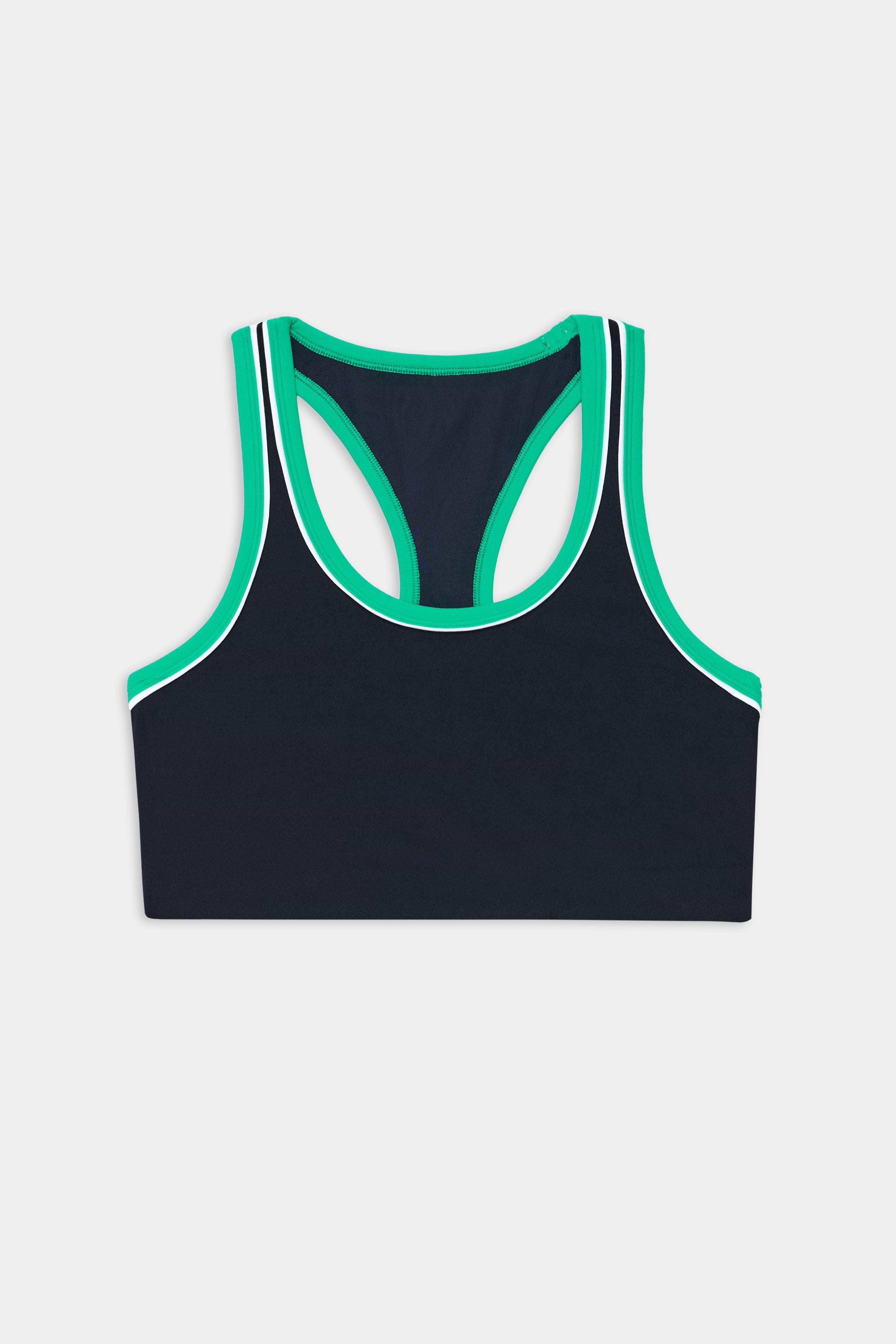The SPLITS59 Robbie Airweight Bra in Indigo/Spearmint features green and white trim, a racerback design, and is crafted from a spandex-nylon blend. Shown laid flat on a white background, back view.