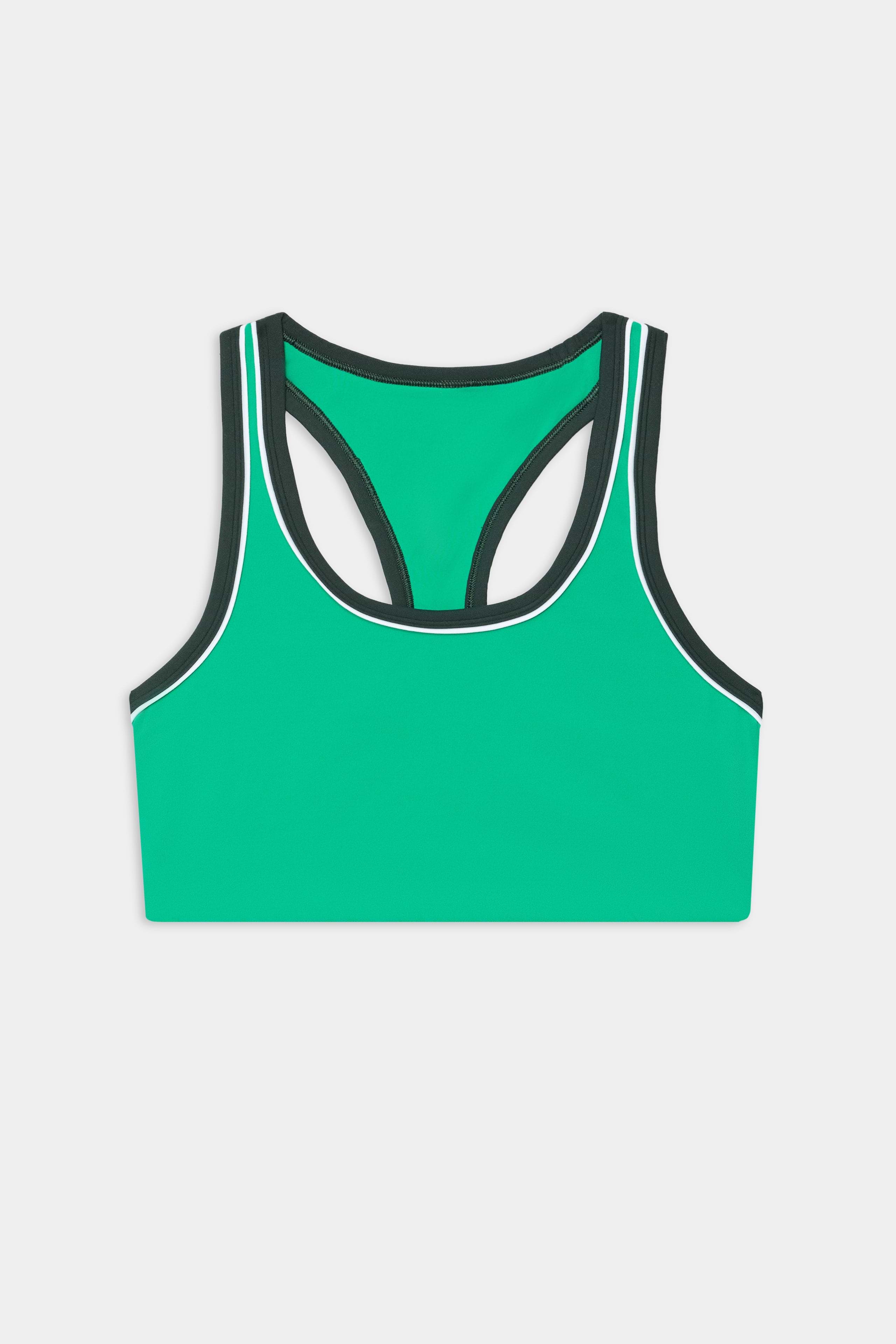The SPLITS59 Robbie Airweight Bra in Spearmint/Military features a racerback design with black and white trim, crafted from soft spandex and nylon, shown flat against a white background.